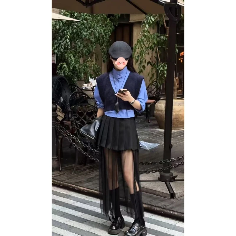 2025早秋新款学院风真两件针织拼接短款衬衫百搭百褶纱裙两件套仙