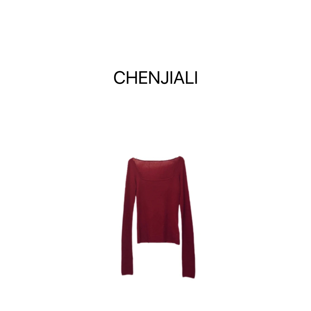 CHENJIALI 【玛瑙暮语】超细羊毛复古法式方领针织套头百搭舒适亲肤