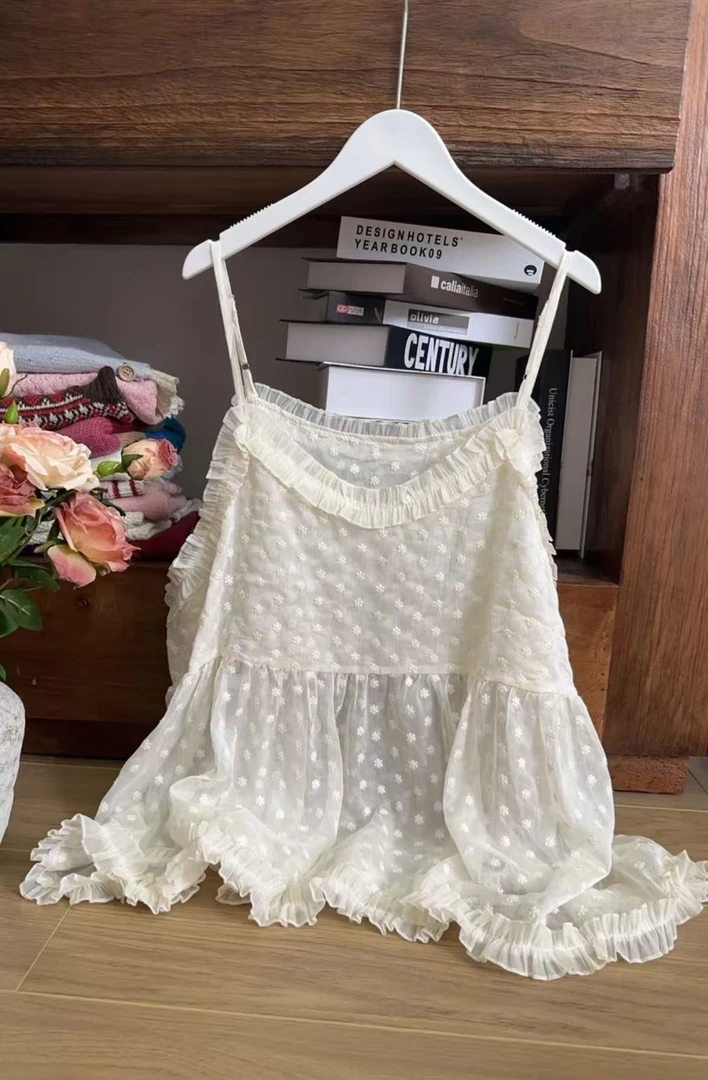 【1613】 法式钩花杏色蕾丝叠穿吊带背心女夏季内搭圆领上衣