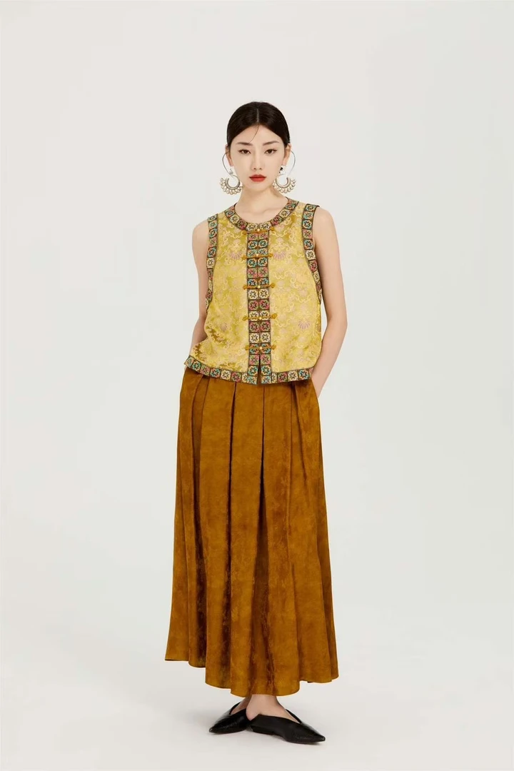 民族风宽松型马甲裙子简约风百搭刺绣印花上衣裙子高定套装国风