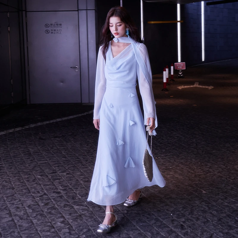 《冰岛晨雾》法式荡领优雅修身立体装饰连衣裙彼得潘大叔