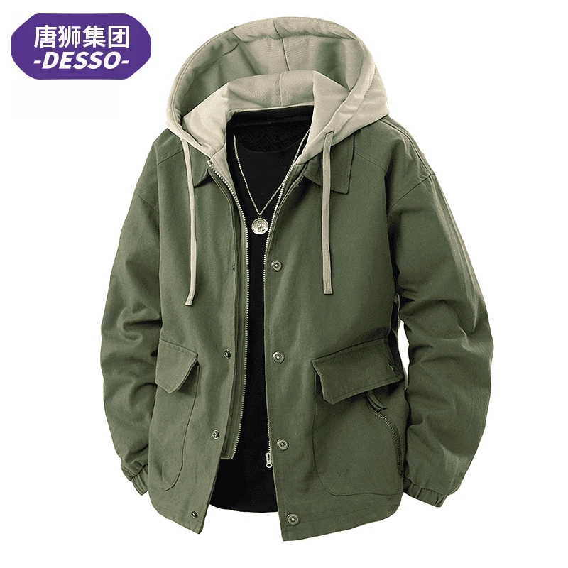唐狮集团DESSO春秋季纯棉假两件外套男秋冬连帽上衣潮牌工装夹克