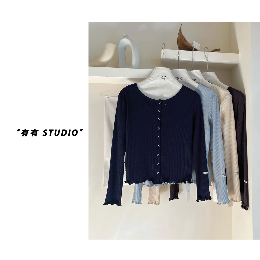 「木耳边」2025春季新款木耳花边卷边设计单穿内搭女士螺纹开衫