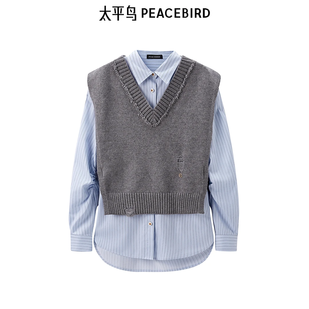 太平鸟冬季新款两件式韩版时尚休闲宽松条纹衬衫AACAE415H