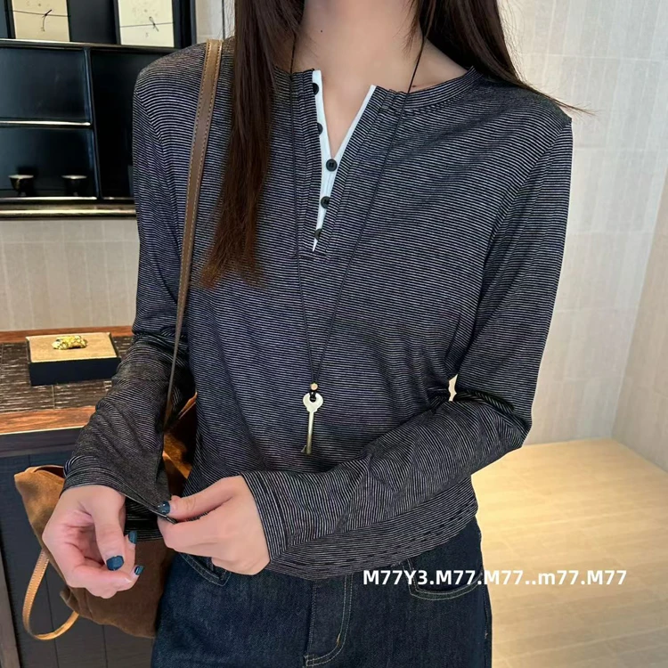 M77Y3福利款99329条纹高弹T恤女2025秋韩系修身百搭收腰打底上衣