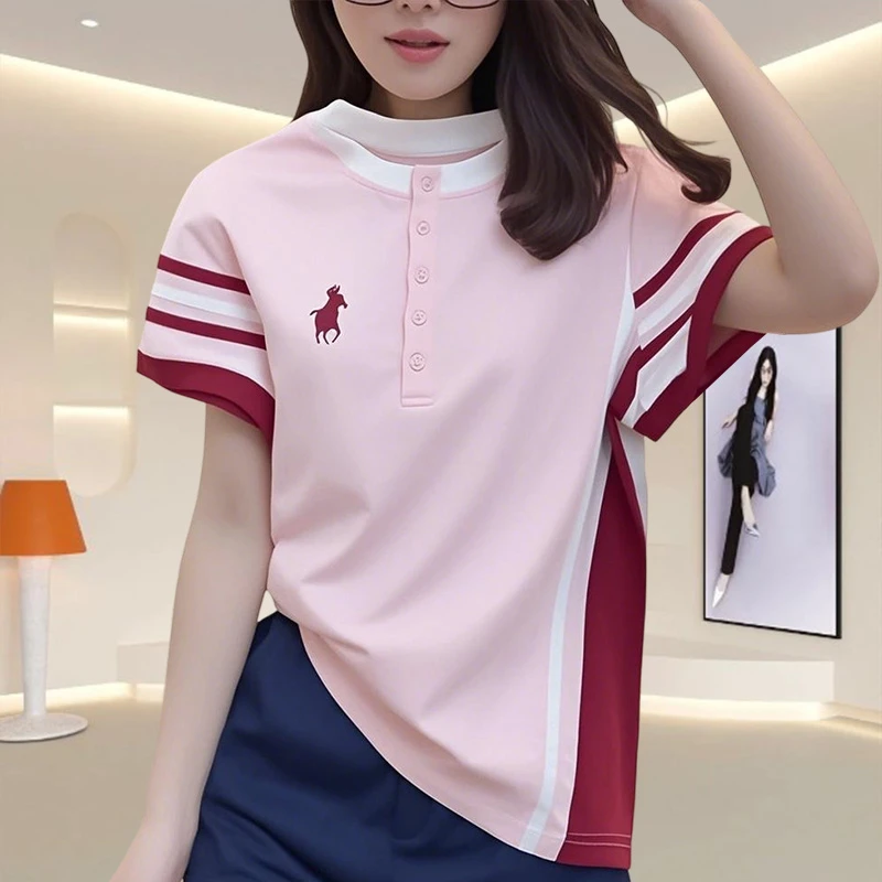 韩版小马印花粉色t恤女士夏季肤感纯棉休闲短袖时尚撞色拼接上衣