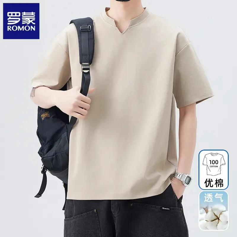 罗蒙夏季时尚简约短袖男款爆款2025新款宽松舒适纯色百搭男士T恤