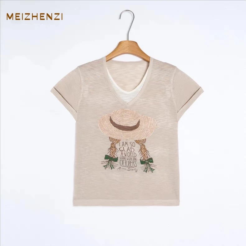 MEIZHENZI【超细醋酸麻】夏季宽松慵懒风假两件短袖T恤女针织上衣