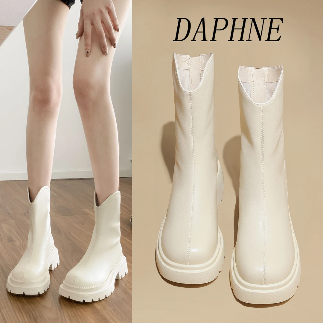 达芙妮7CM高跟靴子女短靴白色马丁靴女25秋季爆款加绒保暖时装靴