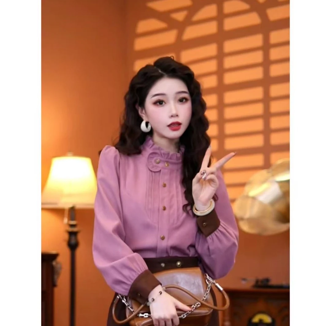 510衬衫气质显瘦时尚法式复古秋季女装常规款拼接设计感立领小众