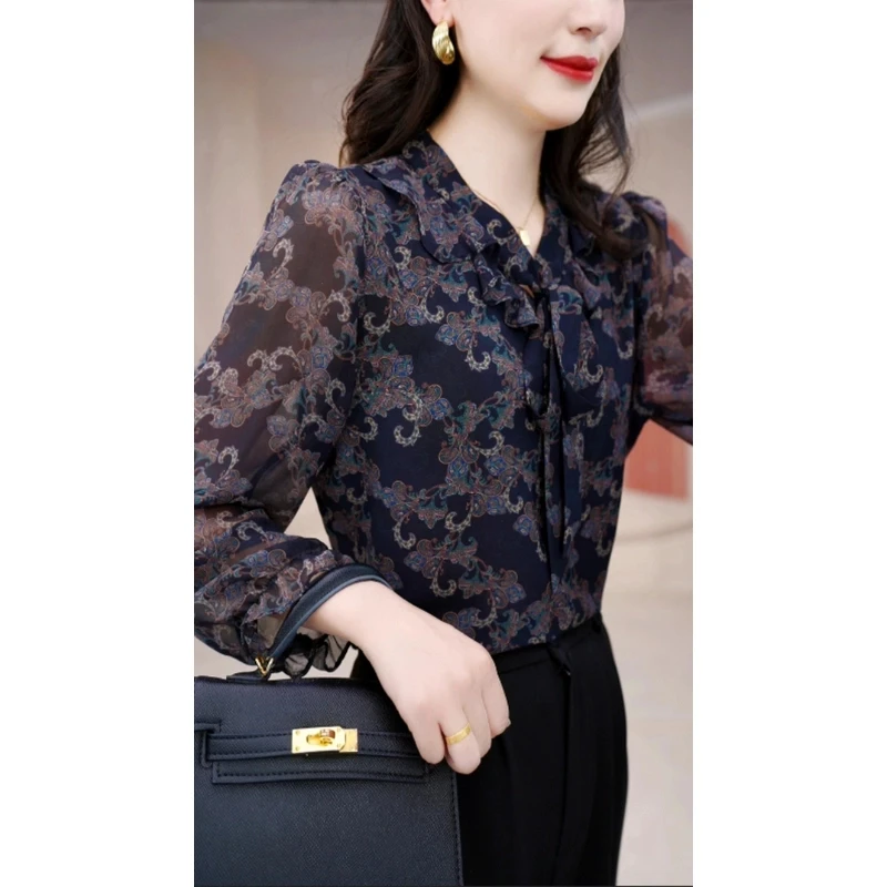 FZ219翩若惊鸿高端2025新款V领飘带小衫套头衬衫长袖上衣女打底3