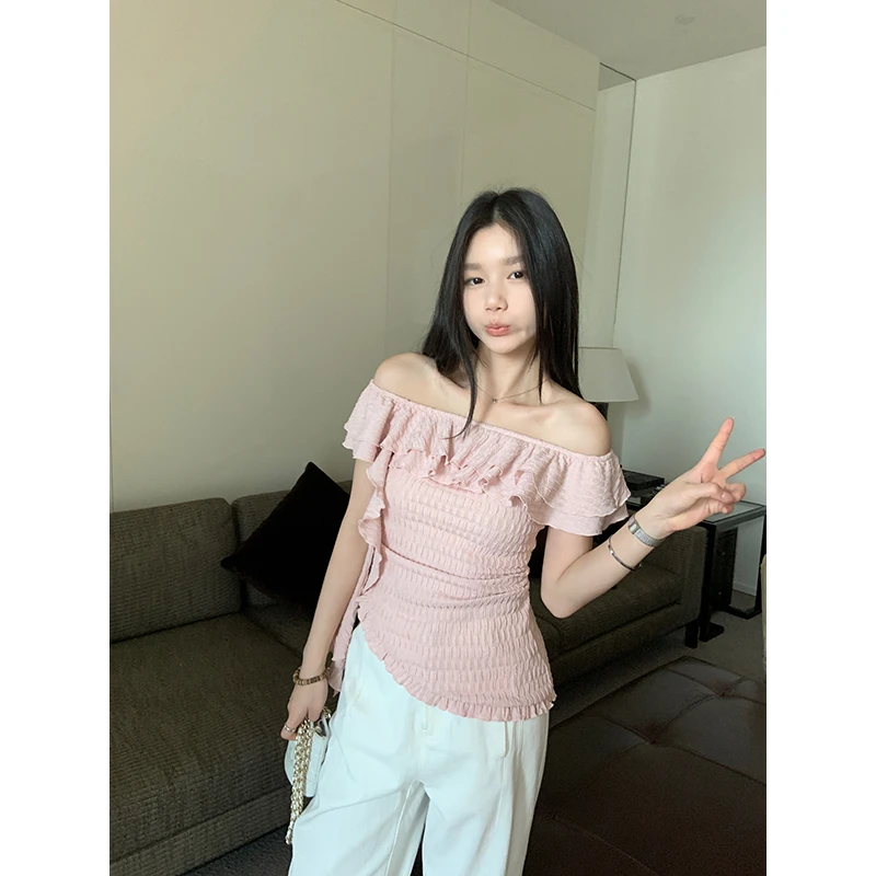 王少女YOKLASS【清清】粉色斜肩荷叶边短袖针织衫上衣Z32377S52