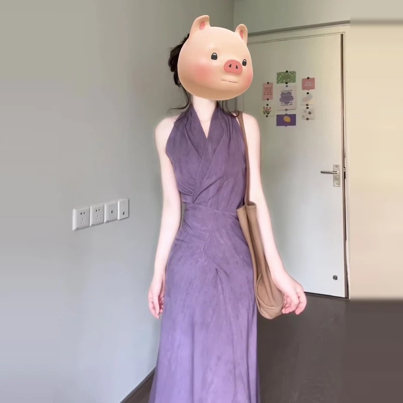 法式高级感紫色挂脖v领连衣裙子女夏季后妈裙2025新款款洋气长裙
