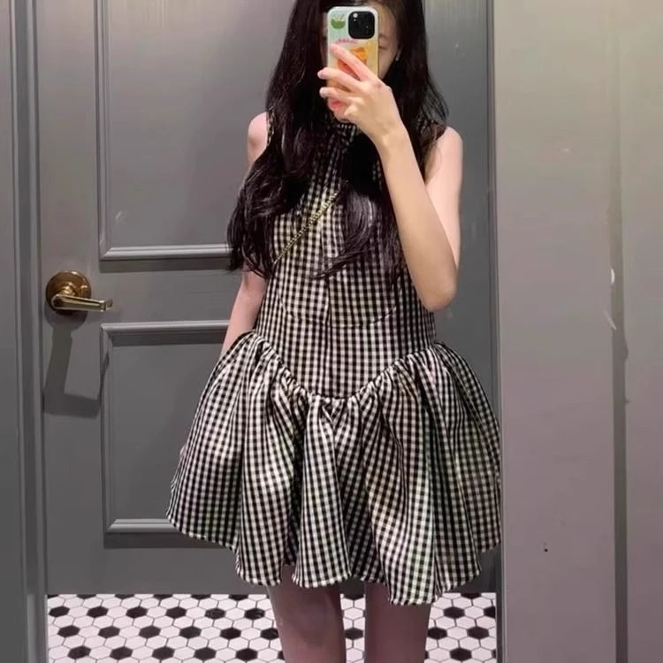 【带安全裤】设计感灰色格纹蛋糕蓬蓬裙同款少女无袖连衣裙