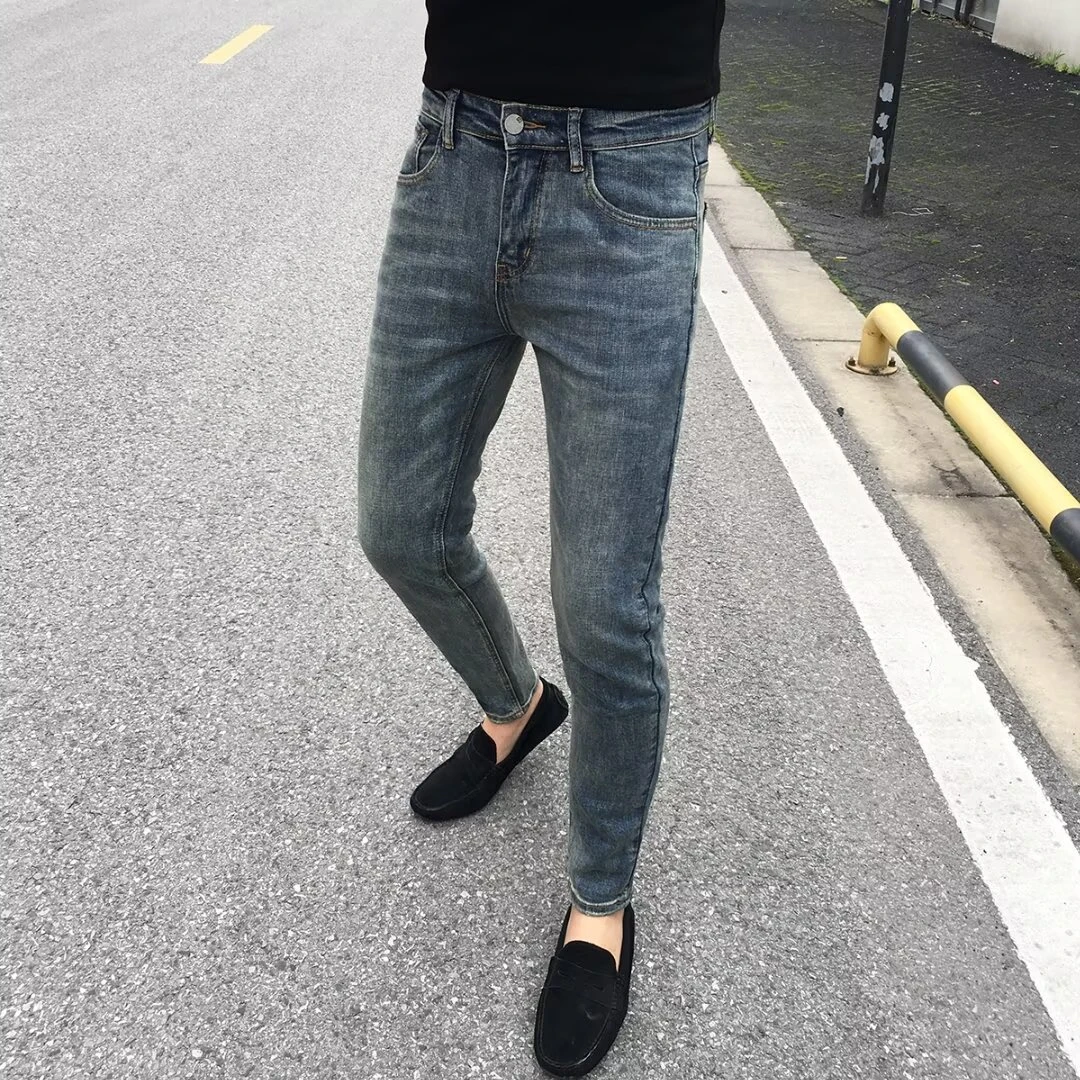 男士新款做旧蓝色水洗直筒弹力修身小脚牛仔裤男潮流休闲百搭男裤
