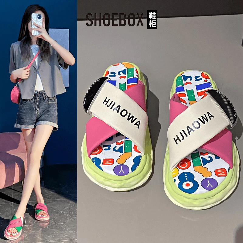 SHOEBOX鞋柜厚底凉拖鞋女夏外穿2025新款网红小众涂鸦沙滩鞋凉鞋