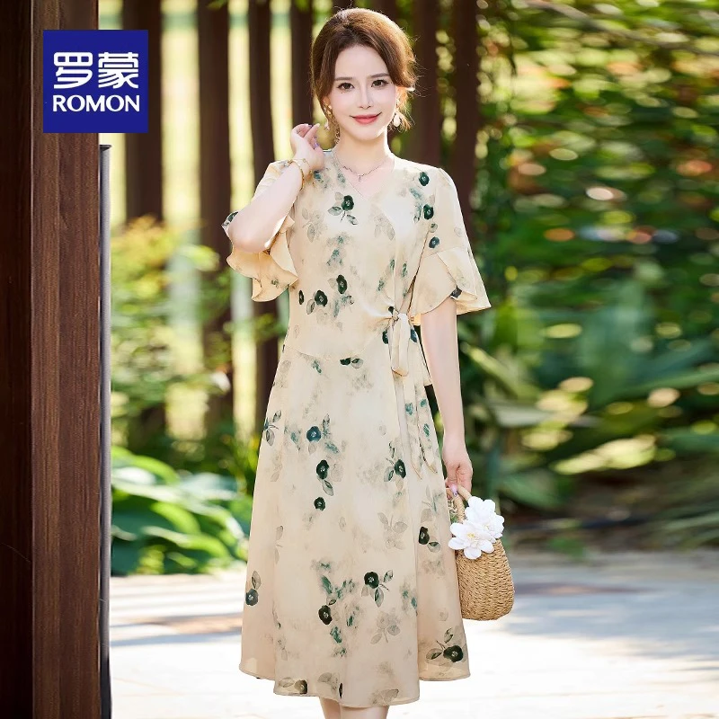 罗蒙妈妈夏装短袖雪纺连衣裙高端轻奢中老年收腰裙子女气质高级感