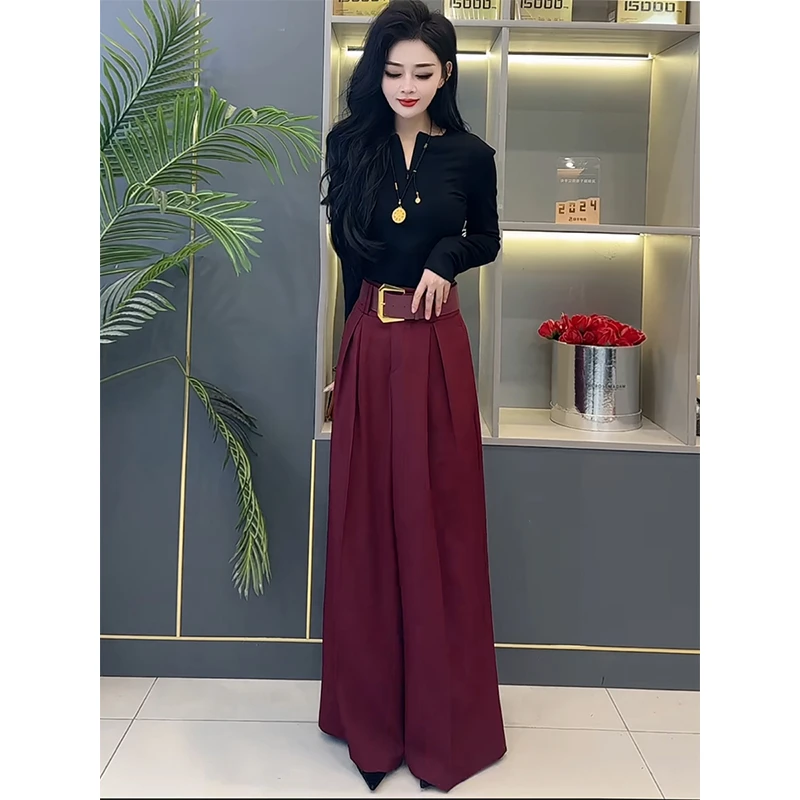 安可拉红垂坠感西装阔腿裤女2025春季新款高腰直筒大裤脚拖地裤子