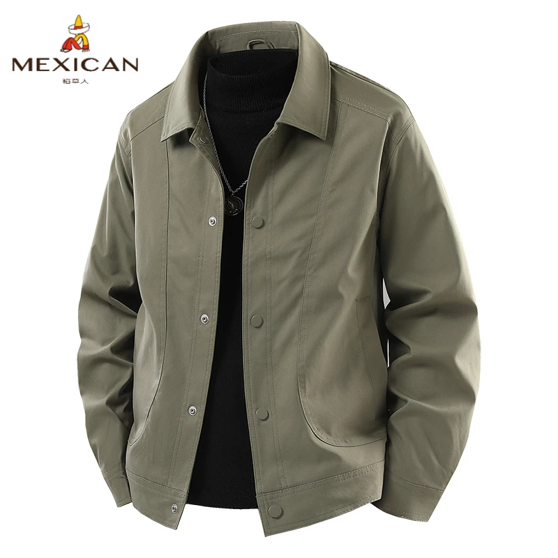 Mexican稻草人秋季男士翻领美式纯色工装夹克时尚休闲百搭宽松防