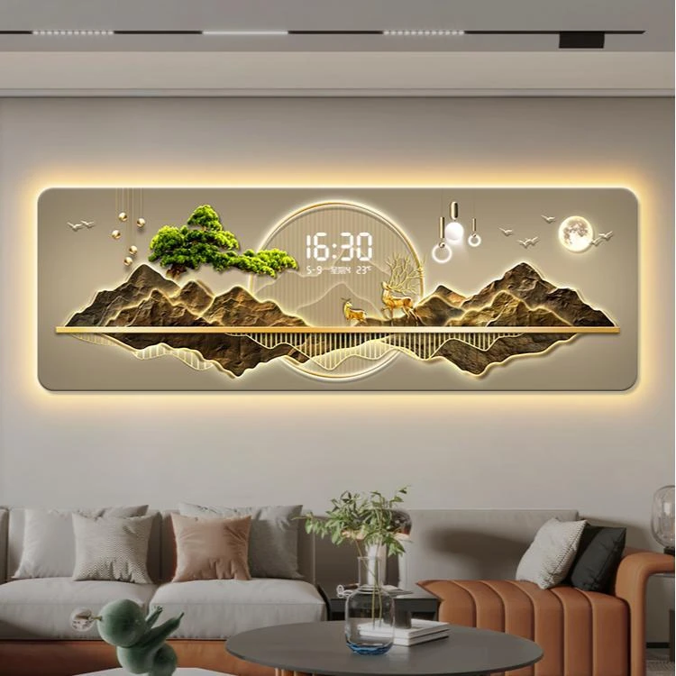 背有靠山客厅装饰画轻奢高级感电子时钟沙发背景墙挂画迎客松壁画