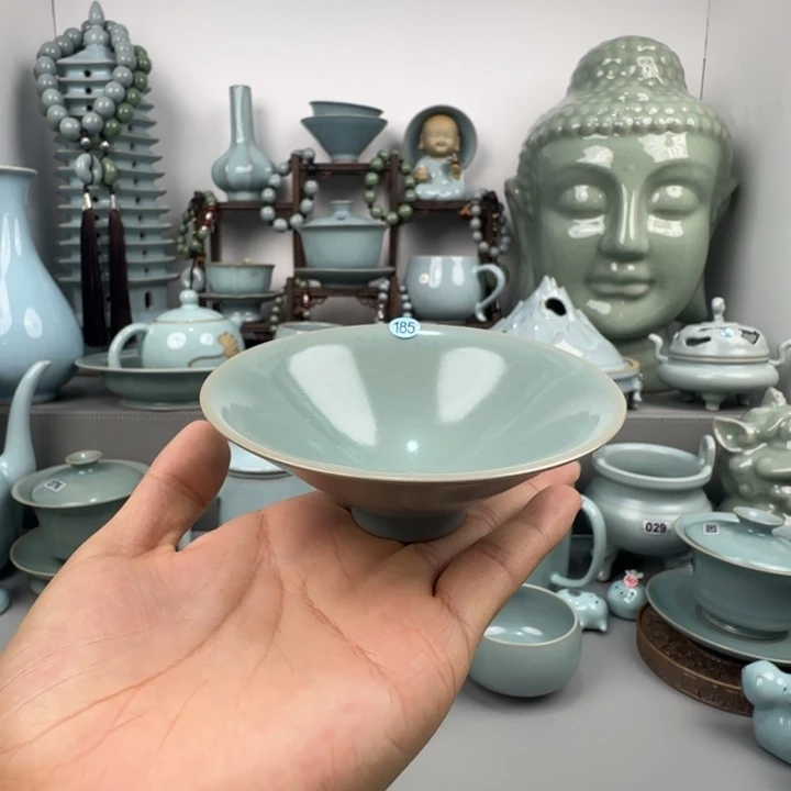 摆件汝瓷斗笠杯圈足烧仿古釉