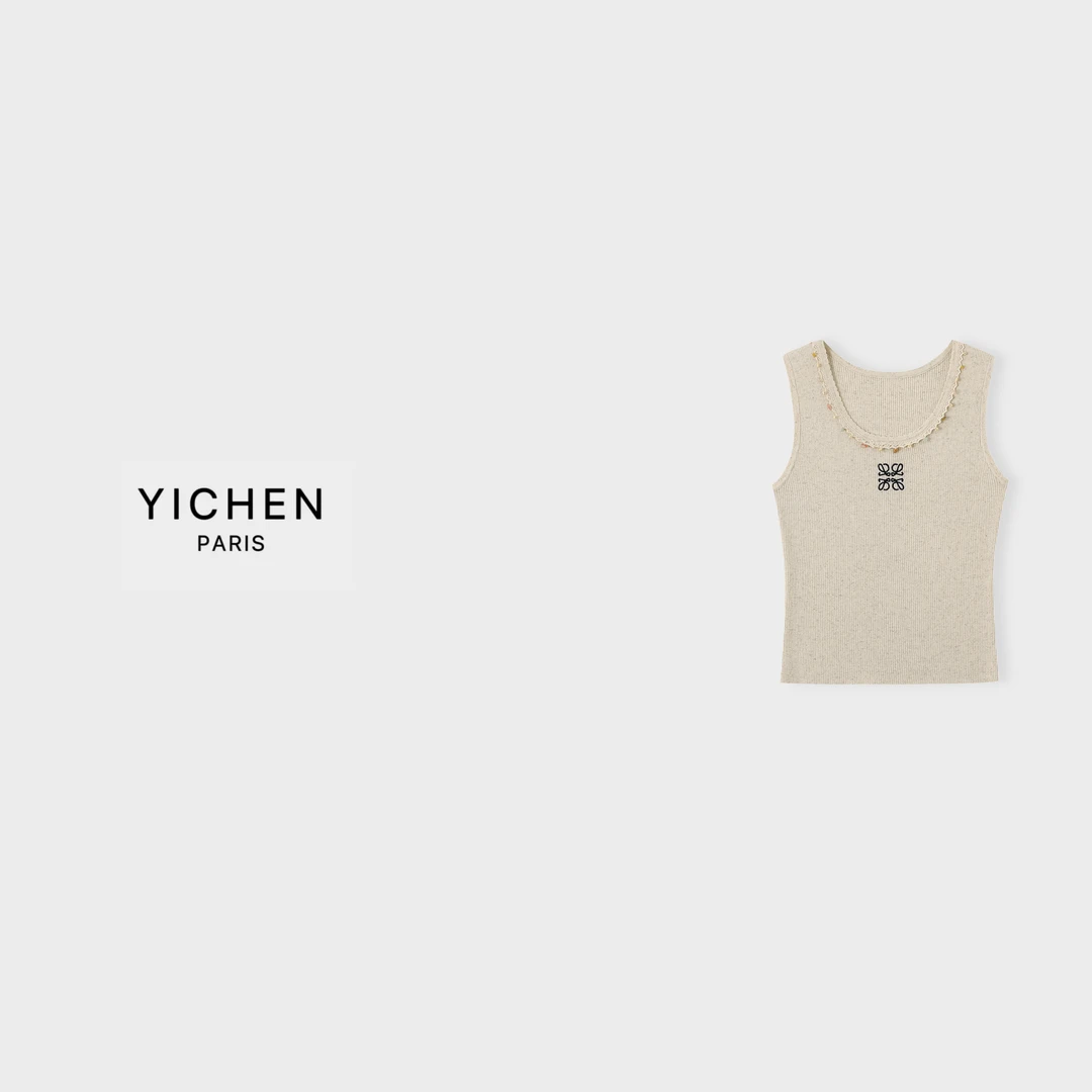 YC 钉珠装饰燕麦色 U 领亚麻针织短袖-6369