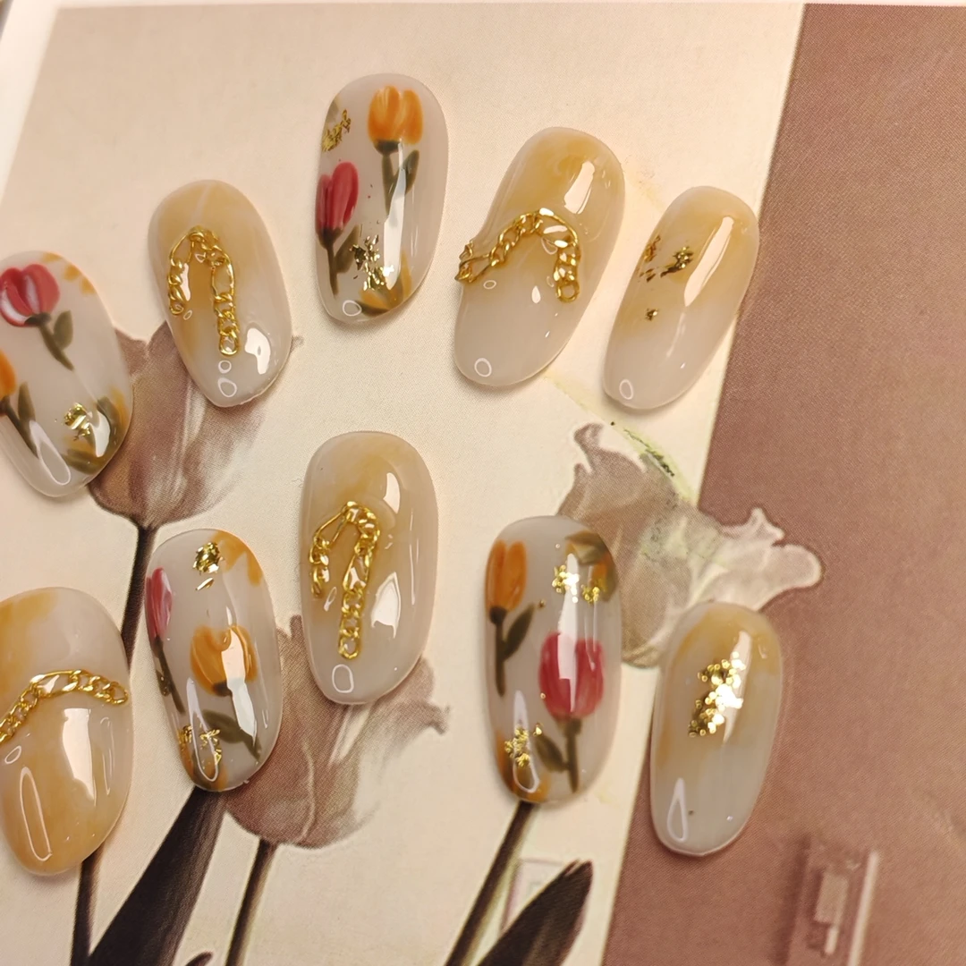 【喵大诺】设计师金色手工穿戴甲复古冰透重复ins风穿戴式金边秋冬