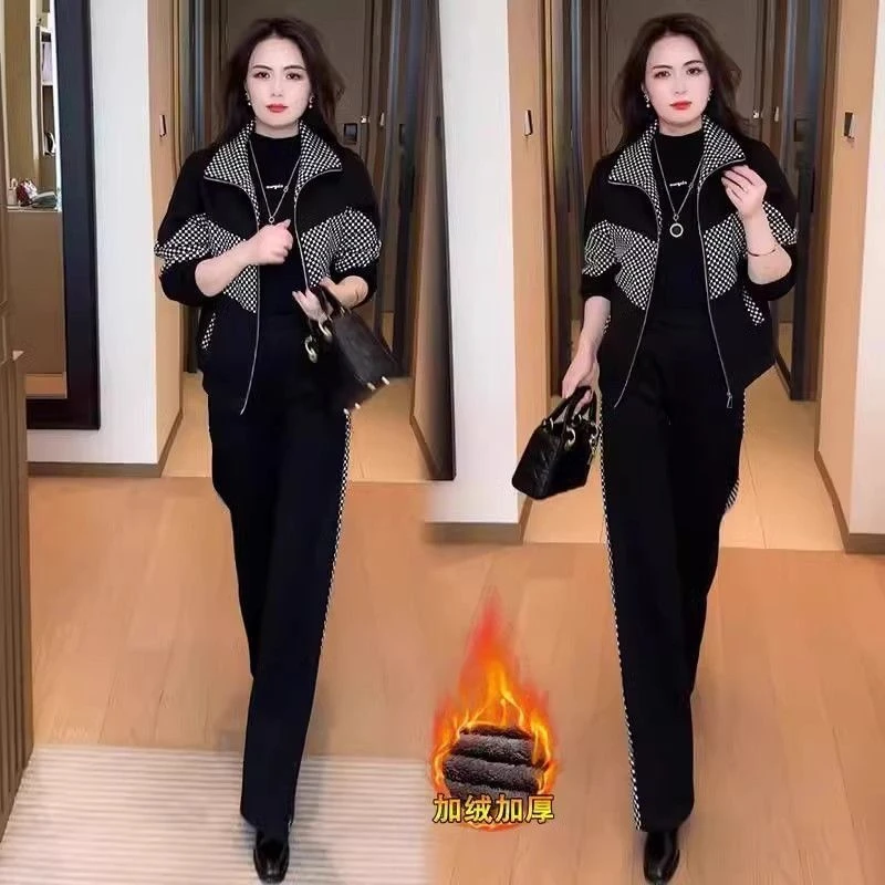 秋冬季新款时尚穿搭气质休闲宽松显瘦加绒加厚两件套女装小香风