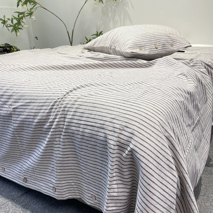 出口尾单细纱汉麻三件套色织条纹夏季被套枕套床品套件