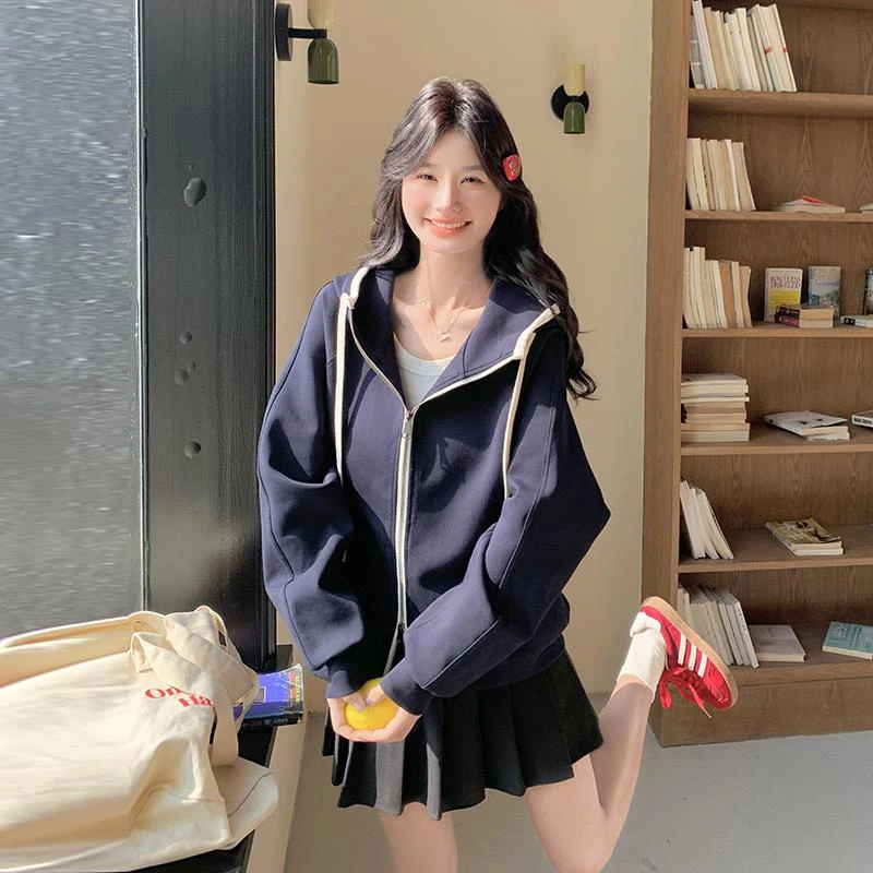 蓝色连帽开衫卫衣外套女春季2025今年流行韩系休闲宽松学院风上衣