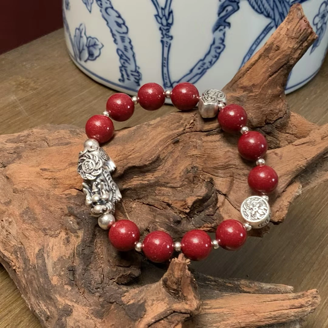 含辰砂工艺品【佰万银庄】足银银S925辰砂朱砂珠珠貔貅吉祥手链手串
