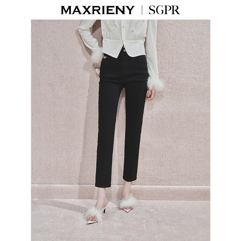 【蜜思仝】MAXRIENY黑色高腰修长显瘦牛仔裤冬女装高级气质感