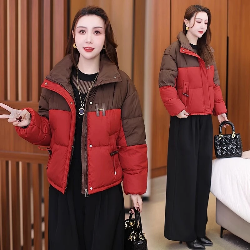 红色羽绒棉服女冬季2024今年流行新款韩版时尚百搭加厚拼色棉袄子