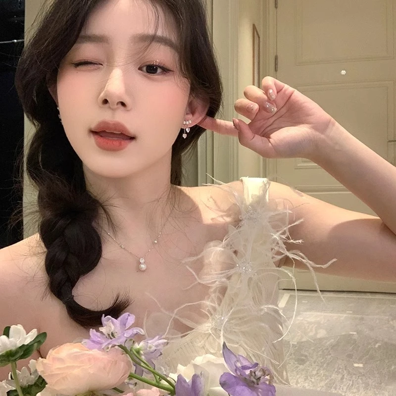 铜合金耳饰 超仙闪锆爱心珠珠流苏耳环女轻奢风小众耳饰气质耳钉