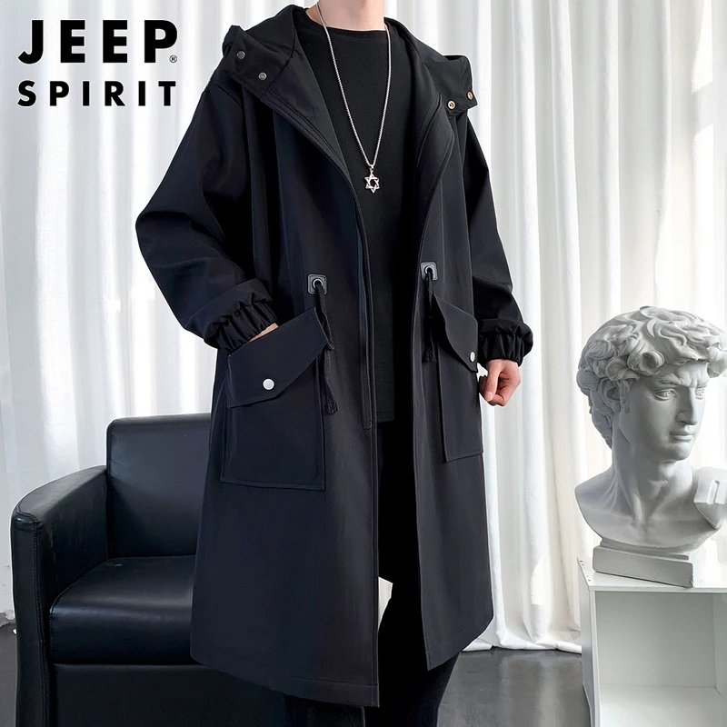 JEEPSPIRIT春季黑色风衣男士中长款工装大口袋韩版连帽春秋大衣外