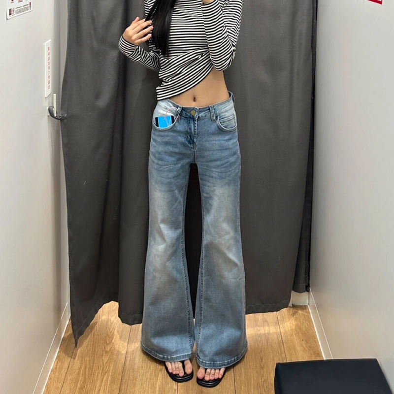 微胖mm冰川蓝渐变休闲微喇牛仔裤女秋季新款不贴腿显瘦低腰直筒裤