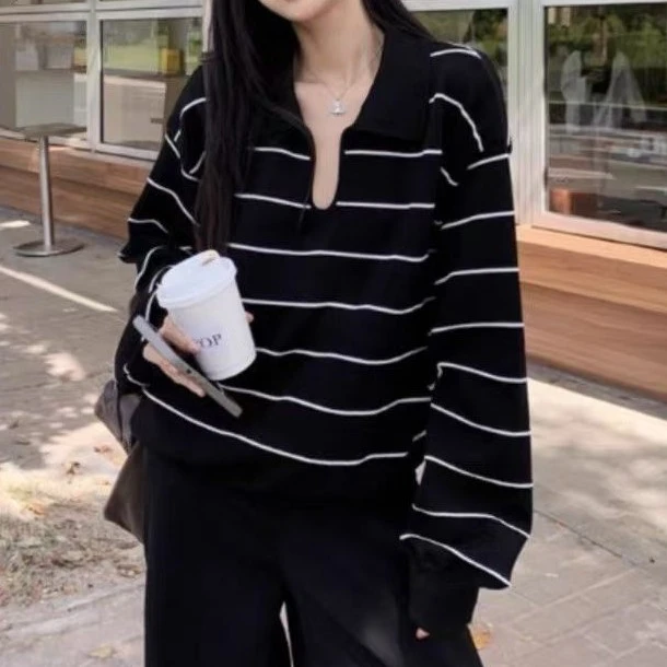 老钱风穿搭条纹针织衫女内搭秋冬季polo领打底上衣慵懒松弛感毛衣