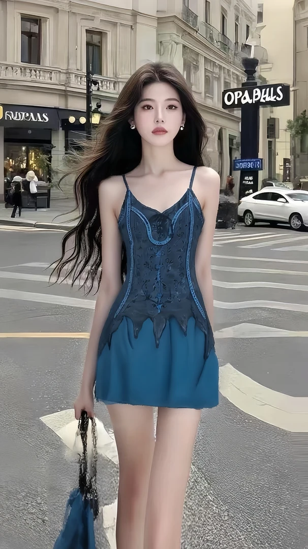 新款纯欲辣妹蓝色V领吊带修身收腰包臀连衣裙温婉显瘦氛围感女装