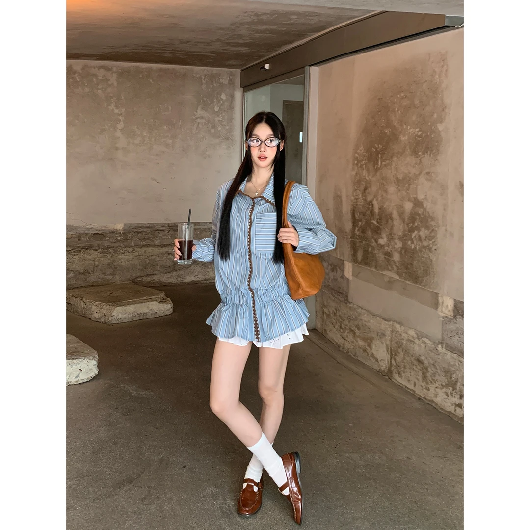 【面包房衬衫裙】秋季气质贝壳绣设计感条纹翻领BD衬衫5075