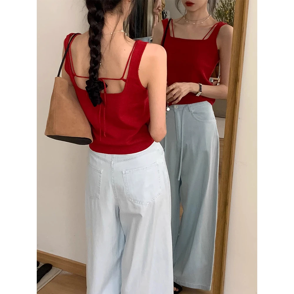 红色露背方领针织小吊带背心女内搭夏季冰丝纯欲短款无袖打底上衣