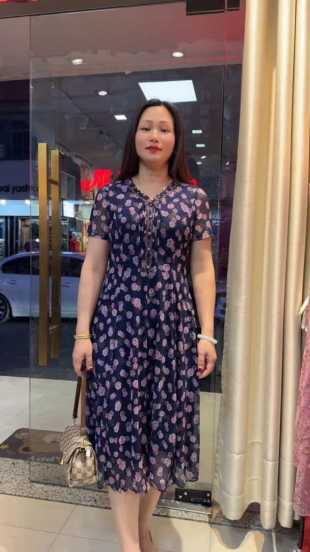 夏季长袖中腰修身旗袍女士碎花立领短袖连衣裙裙子