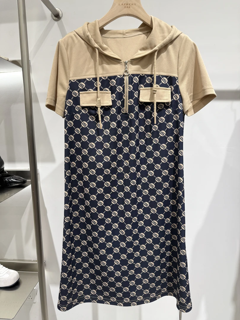 【方圆服饰】拼接连帽休闲女士长裙荡领连衣裙宽松夏季显瘦裙子