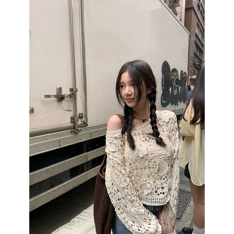 王少女的店【现】杏色宽松长袖针织衫春夏设计感时尚罩衫Z31335S51