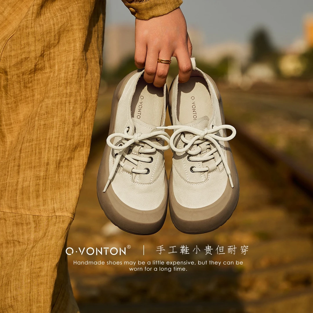 青婉田真皮厚底休闲板鞋女春季新款小众复古勃肯鞋圆头系带小皮鞋