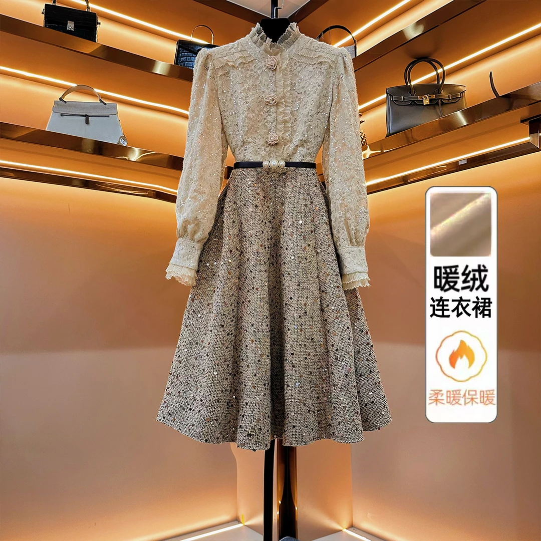 【微光知褶】《ZM》加绒轻奢设计款优雅气质修身时尚收腰连衣裙-88113