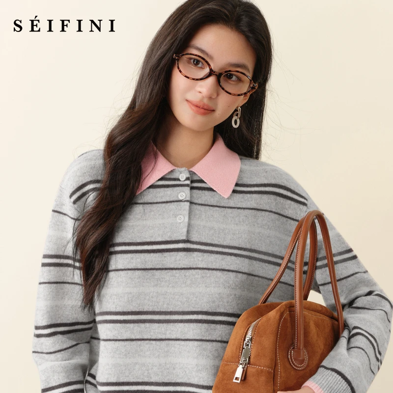 【陈大可】诗凡黎撞色条纹Polo领针织衫学院风高智韩系长袖上衣女