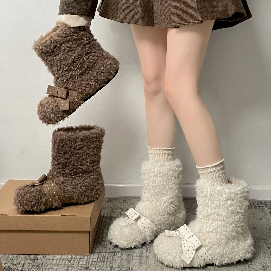 毛毛雪地靴女款2025新款冬季加绒保暖雪地棉鞋棉靴蝴蝶结短筒靴子
