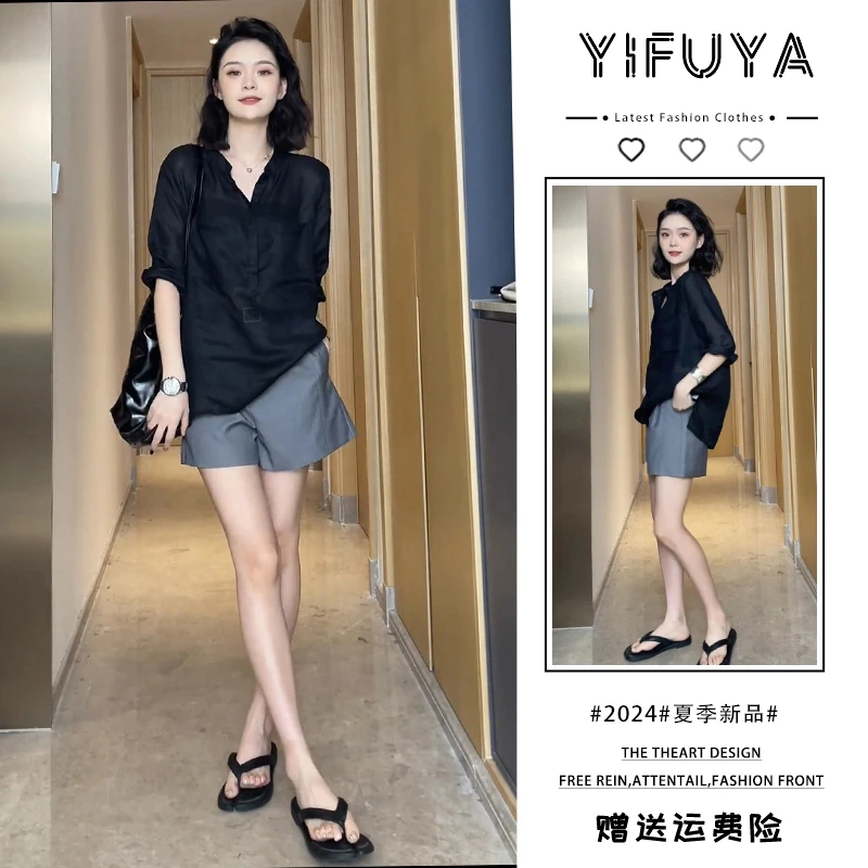 女装夏装轻奢高端女装洋气上档次黑色显瘦防晒衬衫小个子穿搭套装