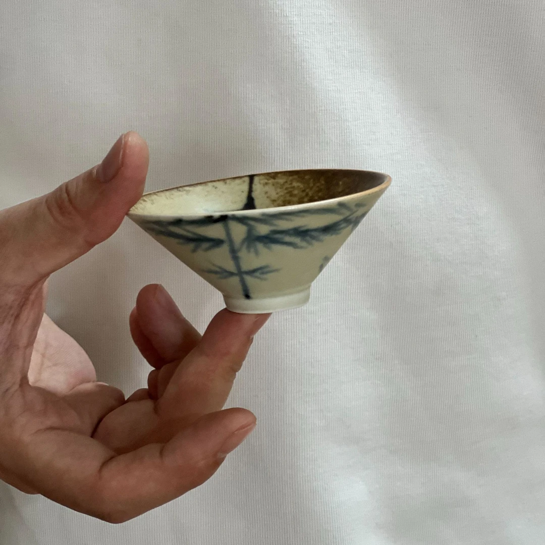 兮陶 手作 仿古 青花 手绘斗笠杯 （50ml）090