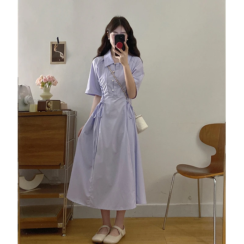 大码女装法式温柔紫色短袖衬衫连衣裙胖妹妹夏季新款藏肉显瘦裙仙